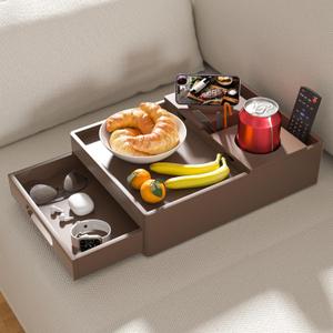 Couch Cup Holder Tray, 7-in-1 Couch Caddy Tray, Sofa Side Table with Push-Pull Drawer to Organize and Store Small Objects, 360Swivel Phone Holder, for Drinks, Cups, Snacks, RemoteChestnut
