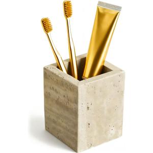 Sleek Marble Toothbrush Holder,Multi-Functional Stone Toothbrush Holder,Cutlery Tray,Fits Pens, Makeup Brushes & Sundries Storage (Beige Travertine)