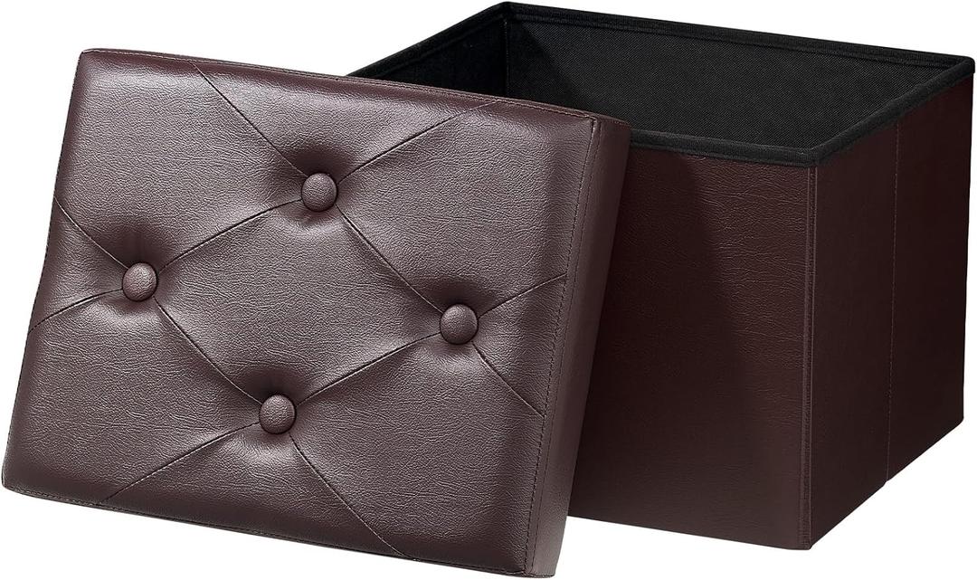 Ottoman with Storage Foot Stool, 17 Inches Folding Storage Ottomans, Leather Upholstered Ottoman Foot Rest with Side Pockets, Suitable for Living Room, Bedroom, Cafe (Brown Rhombus)