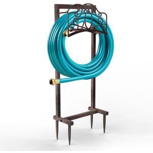 Garden Hose Holder Hanger Freestanding, Upgraded 4-Spike Heavy Duty Storage Reel Stand, Holds 150ft Hose for Outside Yard Lawn (Rustic Floral, Metal)