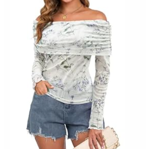 ZAFUL Women's Sexy Off The Shoulder Mesh Tops Classy Sheer Stretchy Slim Fit Shirts Party Going Out Blouse  (Large, White Floral)