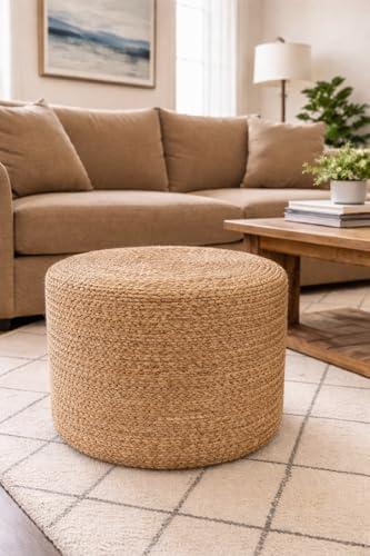 The Knitted Co. Jute Pouf Ottoman | Footrest Pouf | Hand Braided - Round Boho Pouffe - for Living Room, Bedroom, Nursery (18"x18"x12") Natural