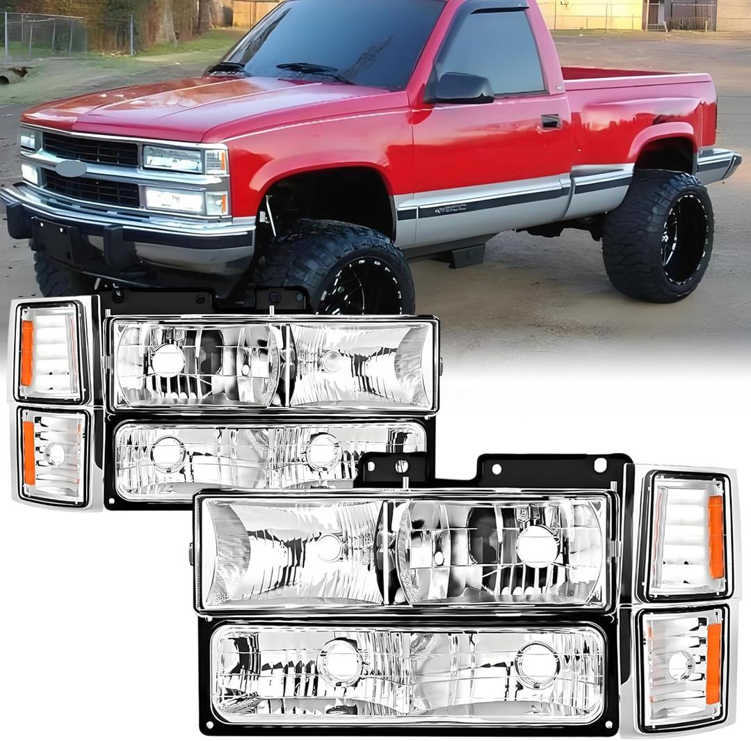 Pair Headlights Assembly Set For 1994 1995 1996 1997 1998 Chevy C10 Silverado Pickup For 1994-1999 Suburban/Tahoe C/K1500/2500/3500 Truck Replacement Headlamps W/Corner and Bumper Light