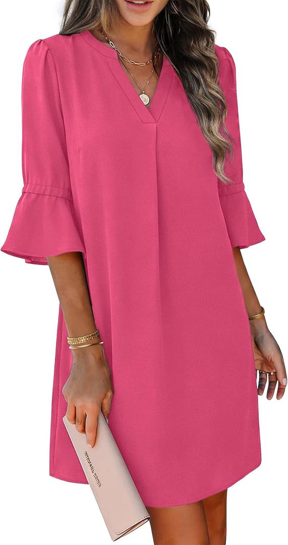 RUMIA Shift Dress for Women V Neck Ruffle Sleeve Loose Summer Office Work Casual Dress (Pink, M)
