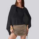 Moss Rose Women's Sheer Poncho Top Lightweight Knit Crochet Cover Up (Black)