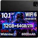 Android 15 Tablet 10.1 Inch, Computer Tablet, Octa-Core, 12GB RAM 64GB ROM
1280x800 Resolution, WiFi 6 and Bluetooth, Dual Speakers, 5MP+8MP Cameras, 6000mAh Battery, Up to 2TB Expansion