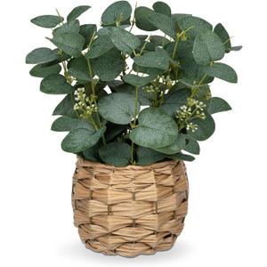 DILATATA Artificial Eucalyptus Stems in Woven Basket Planter, 11" Fake Plant Eucalyptus Leaves with White Seeds Faux Potted Plant Greenery for Table Centerpiece Office Indoor Home Decor