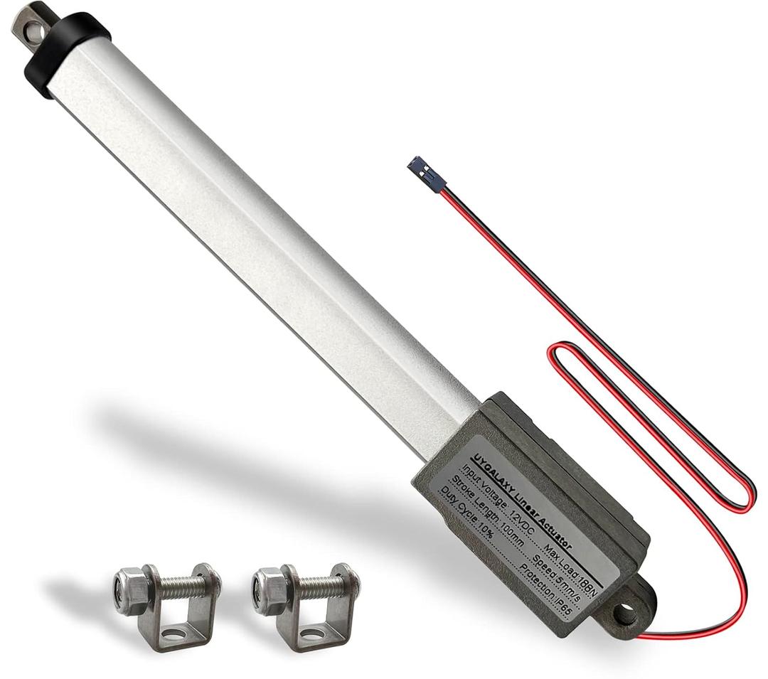 UYGALAXY 12V Mini Electric Linear Actuator 4" Stroke, 188N/42lb, Speed 0.2"/sec Waterproof Metal Micro Small Motion Actuator w/Mounting Brackets for DIY Fan Blades, Cabinets, Window Lift, Robot -100mm