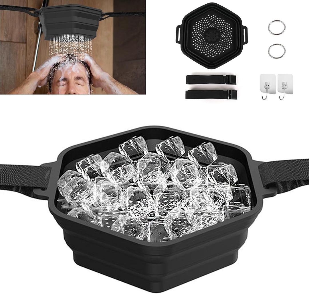 Ice Shower Kit for Muscle Recovery, Portable Quick Ice Bath Tub Mini, Foldable Silicone Ice Shower Bath Bucket for Cold Shower Therapy Black