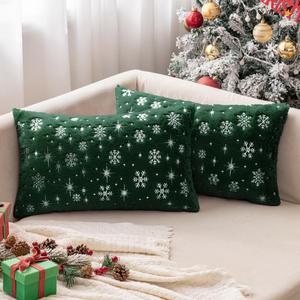 MIULEE Set of 2 Christmas Decorative Throw Pillow Covers Soft Faux Fur Winter Pillow Covers with Silver Snowflake Glitter Holiday Festival Pillowcases for Couch Sofa Bed, 1220inch, Dark Green