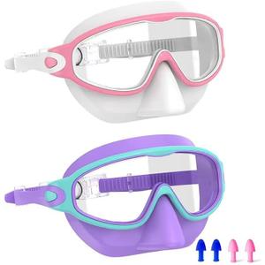 Swim Goggles for Kids 3-15 with Earplugs Large Frame Anti-Fog/UV Swimming Goggles for Boys Girls Toddler 2PCS