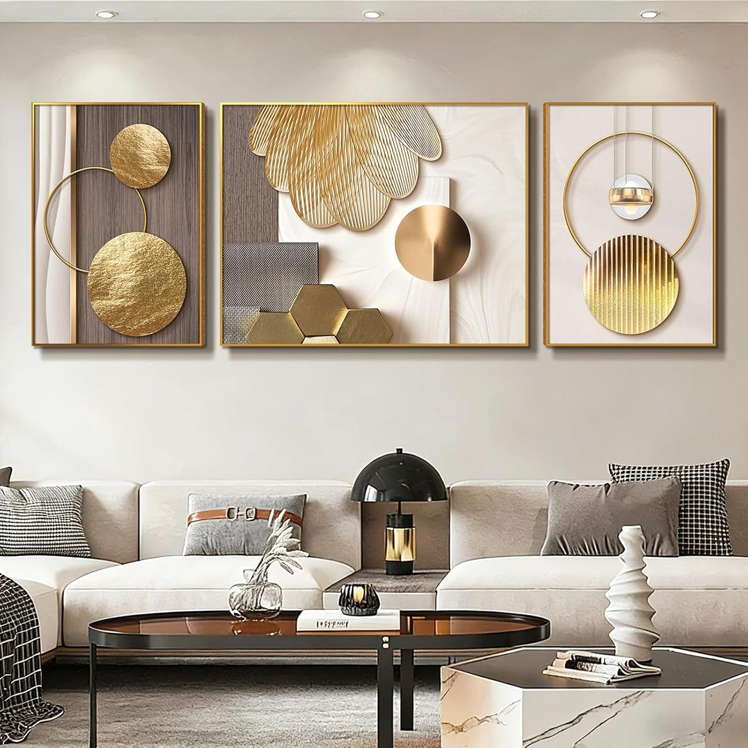 Azartslr Large Framed Modern Rose Gold Wall Art, Luxury 3 Pieces Aluminum Alloy Wall Decor for Living Room, Abstract Gold and Beige Home Bedroom Art Painting, Geometric Crystal Porcelain Artwork Dining Room Pictures Decoration