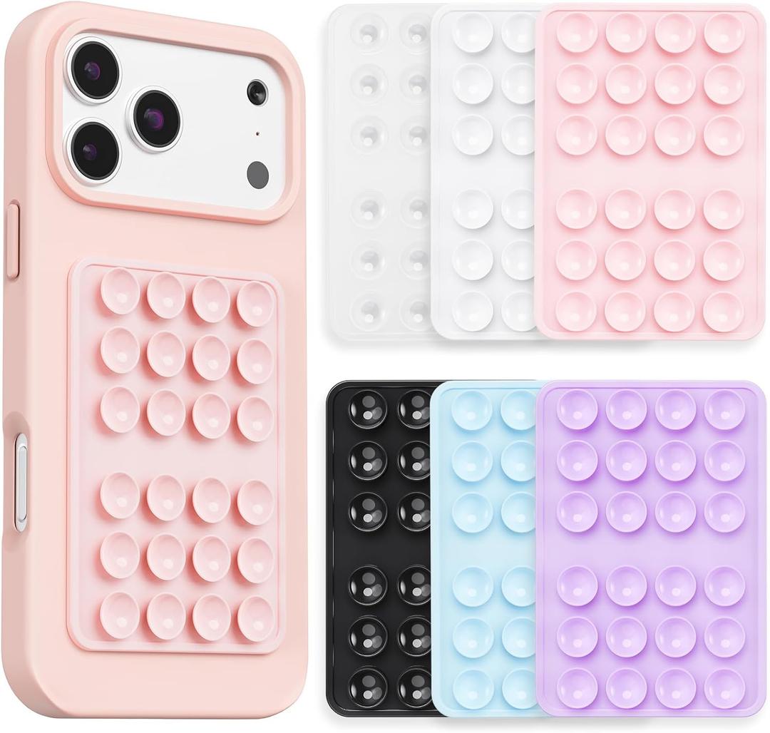 6 Pack Silicone Suction Phone Grip Mount, Hands-Free Sticky Phone Holder with 24 Suction Cups, Strong Grip for Selfies & Videos, Adheres to Mirrors, Tiles & Smooth Surfaces (Light Pink&Clear&White&Black&Blue&Lavender)