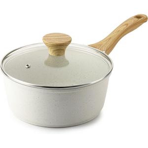 SENSARTE White Ceramic Nonstick Saucepan with Lid 1.5 Quarts, Small Cooking Pot with Stay Cool Handle, Induction Compatible Saucepot, White Granite Coating, Free of Intentionally Added PTFE/PFOA/PFAS