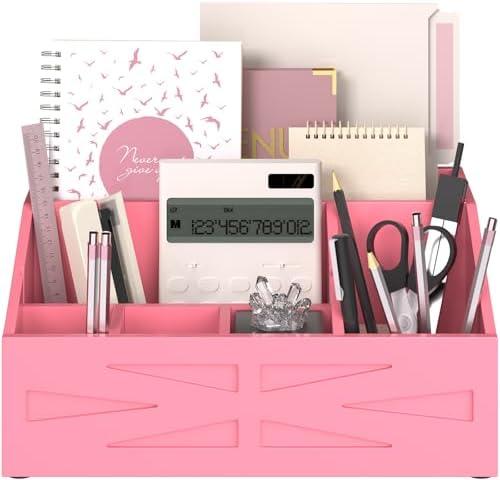 BELO VALE Wood Mail Organizer Countertop, Farmhouse Desk and Kitchen Countertop Storage, Letter Sorter, Desk Mail and Bill Organizer, Desktop File and Paper Holder (Pink)
