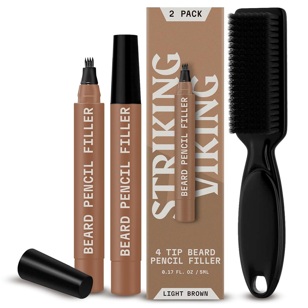 Striking Viking 2 Pack Beard Pencil Filler for Men with 4 Tips  Updated Waterproof Beard Pen & Brush Kit  Fill, Shape & Define Facial Hair  Light Brown