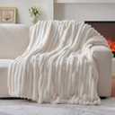 Lotus Karen Faux Fur Twin Blanket for Couch, Cozy Soft Fluffy Fuzzy Cream White Blanket, Striped Warm Thick Furry Plush Shaggy Small Blankets for Women,60x80 Inches