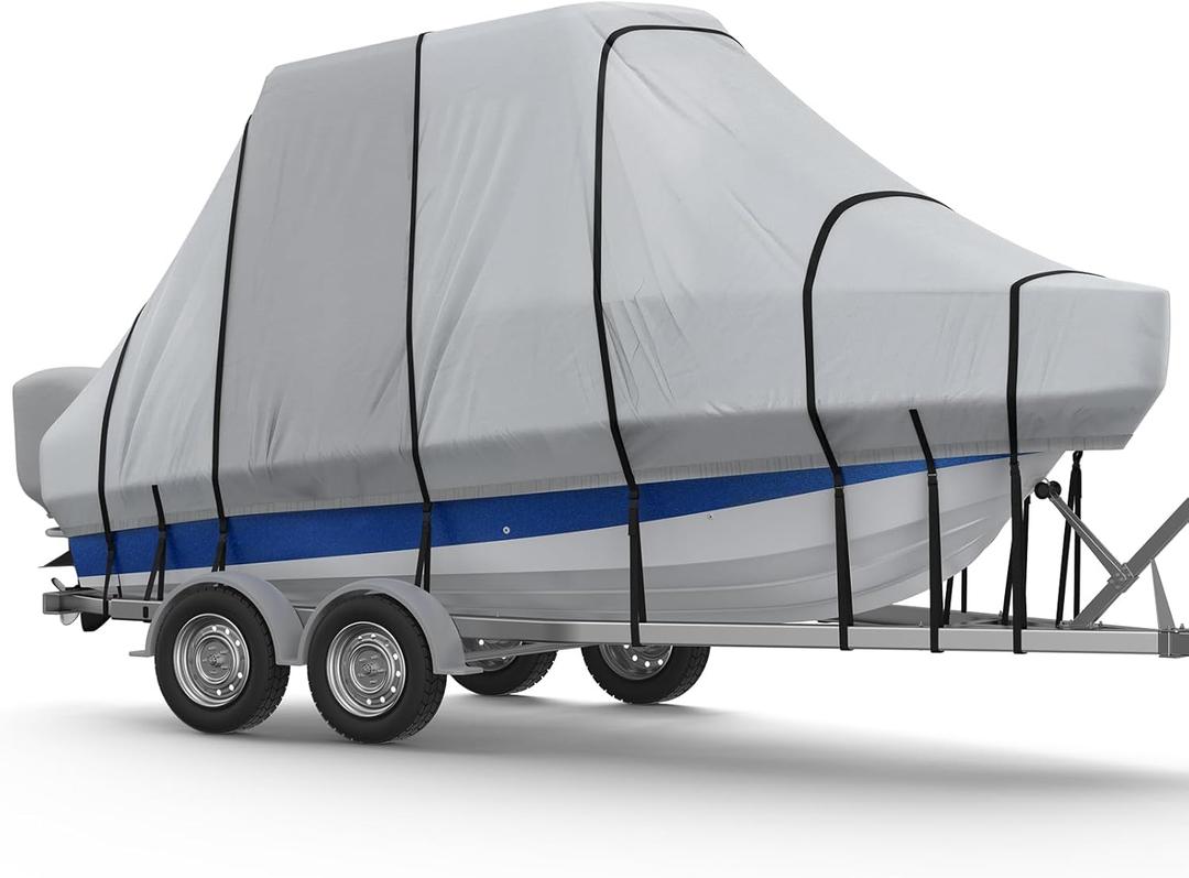 RVMasking 1200D Partial Reinforced Hard Top/T-Top Boat Cover Waterproof Heavy Duty with Motor Cover for Center Console Boat with T TOP Roof, 17'-19' Long Beam Width up to 106"", Gray