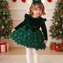 Kucnuzki Baby Girl Clothes Fall Holiday Party Velvet Tulle Dress Winter Cute Long Sleeve Toddler Girls Birthday Dresses (Green, M)
