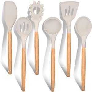 E-far Cooking Utensils Set of 6, Silicone Kitchen Utensils with Wooden Handle, Non-stick Cookware Friendly & Heat Resistant, Includes Spatula/Ladle/Slotted Turner/Serving Spoon/Spaghetti Server(Khaki)