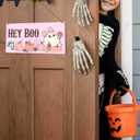 Halloween Wood Door Sign, Pink Halloween Ghost Decor for Home Porch Patio Front Door Hey Boo Wall Hanging Sign Decorations
