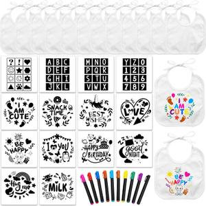 Jutom 38 Pcs DIY Baby Bibs Decorating Kit 14 Bibs 14 Stencils 10 Fabric Markers 2 Ply Feeder Design Bib for Shower Games