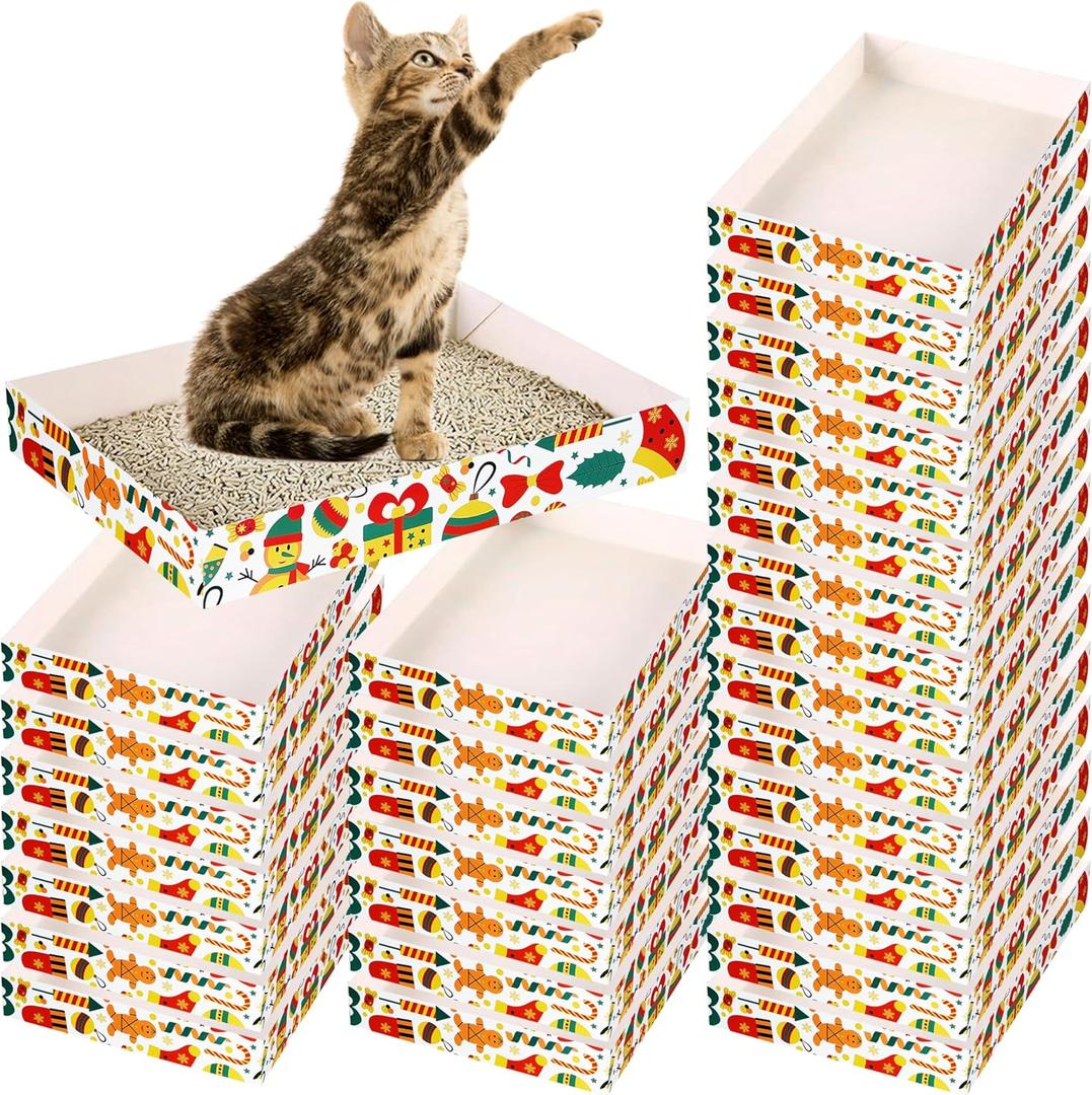 30 Pack Disposable Cat Litter Box, Foldable Paper Travel Litter Box, Non Clumping Durable and Waterproof,Low Entry Easy Disposal,Portable(13.6x9.7x1.9 in)
