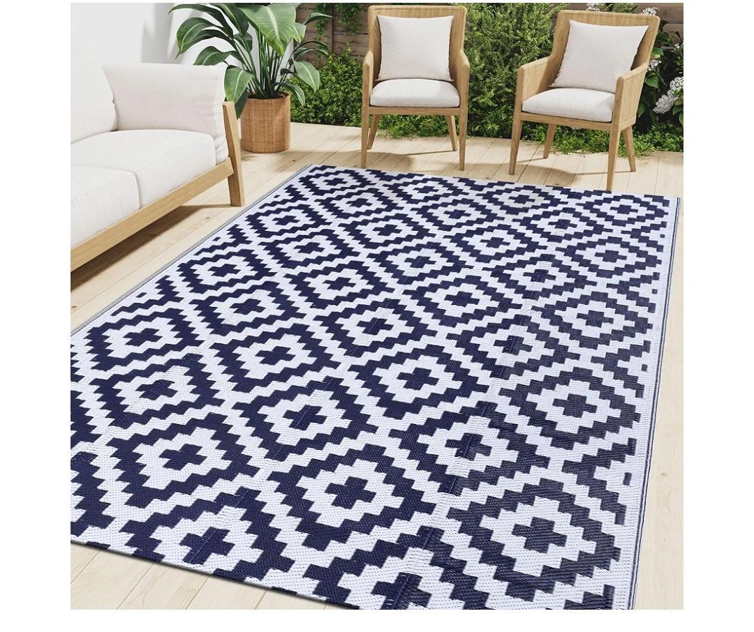 Smiry Outdoor Rug 8x10 ft Waterproof Reversible Boho Mat, White & NavyPolypropylene Plastic Straw, Quick Drying, Lightweight Foldable, for Patio, Deck, RV Camping, Backyard and Indoor Outdoor Use