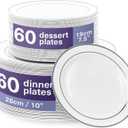 MATANA 120 Silver Plastic Plates for Party - Reusable, Elegant 60 Dinner (10.25 Inch) 60 Dessert (7.5 Inch) Plates Disposable Heavy Duty with White and Silver Rim for Weddings and Christmas Parties