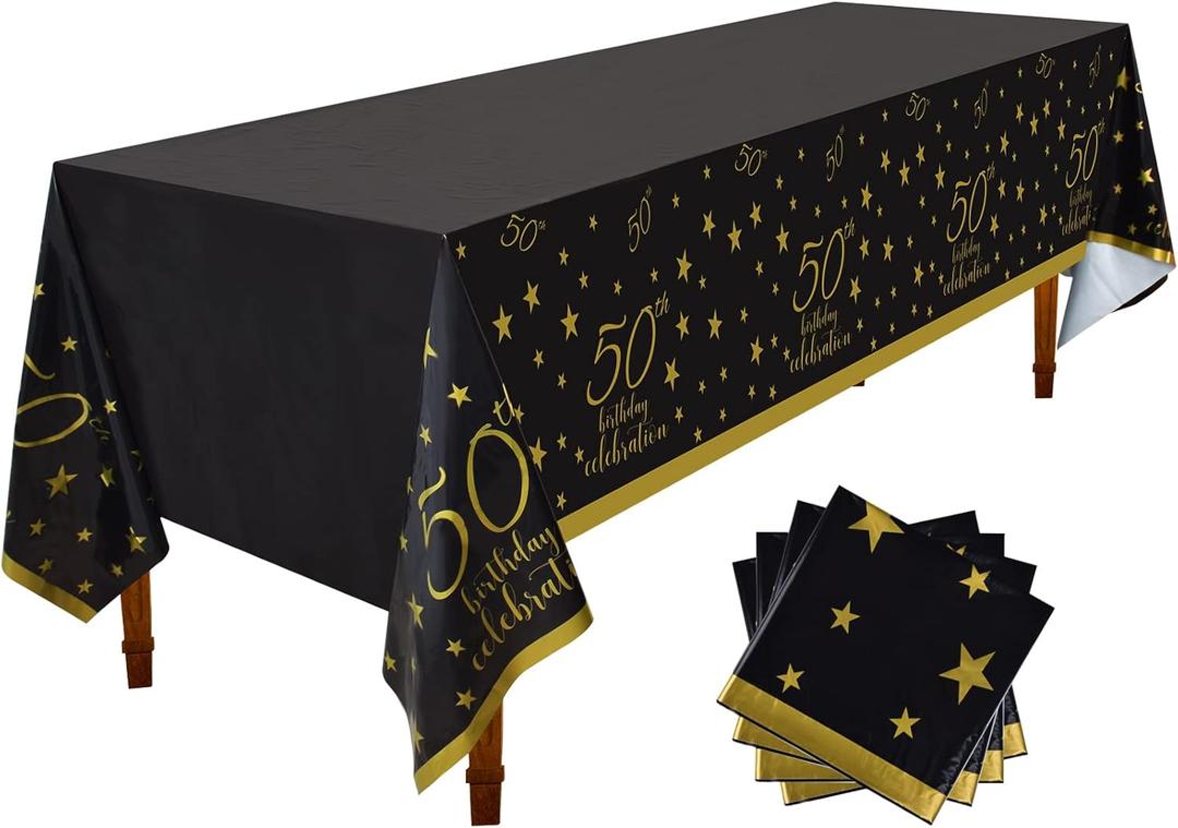 Gatherfun 50th Birthday Disposable Tablecloth 4 Pack Gold and Black Waterproof Plastic Table Cover for Men Woman 50 Birthday Party Decorations