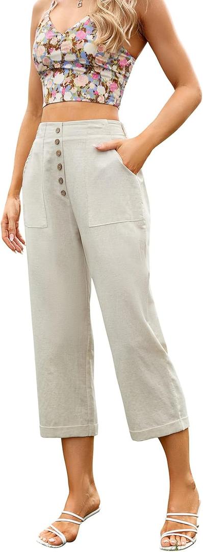 SVALIY Summer Cotton Linen Cropped Wide Leg Pants Capris Women Ladies Casual Loose Palazzo Pant Work Elastic Pocket (XX-Large, Apricot)