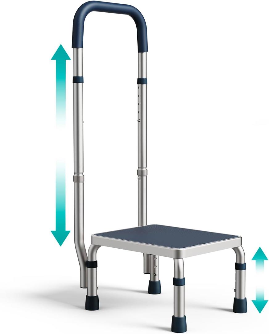 Pelegon Adjustable Step Stool with Handle for Elderly (300LB Capacity)  Bedside Safety Step for High Beds, Height Adjustable Platform & Handle, Non-Slip Stable Frame, Easy Assembly