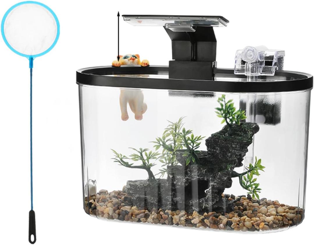 GarveeHome Fish Tank Aquarium, Smart Aquarium Starter Kits with Filter LED Light Silent Water Pump, Self Cleaning System High-Transparency Glass Decorate Water Plants and Sand (28*15*17cm)