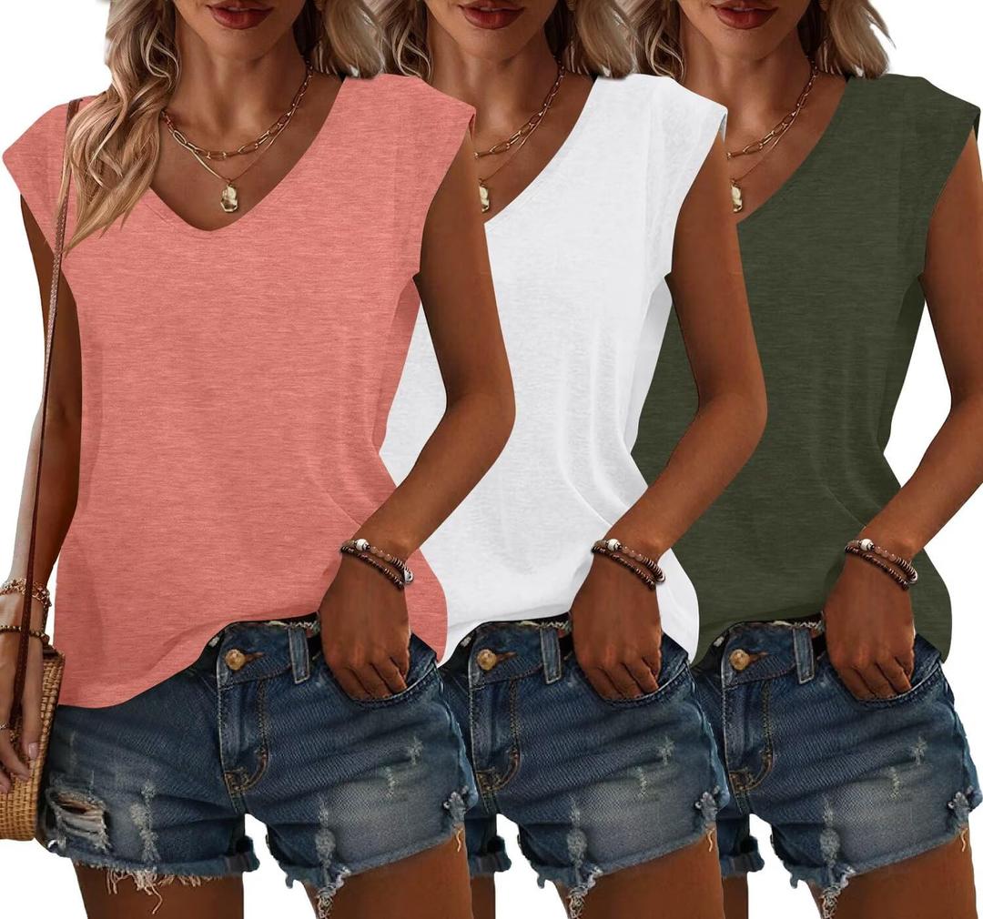 Bliwov 3 Pack Womens Cap Sleeve Tops V Neck T Shirts Spring Summer Casual Plus Size Beach Vacation Fashion Basics Clothes (Small, White+pink+green)