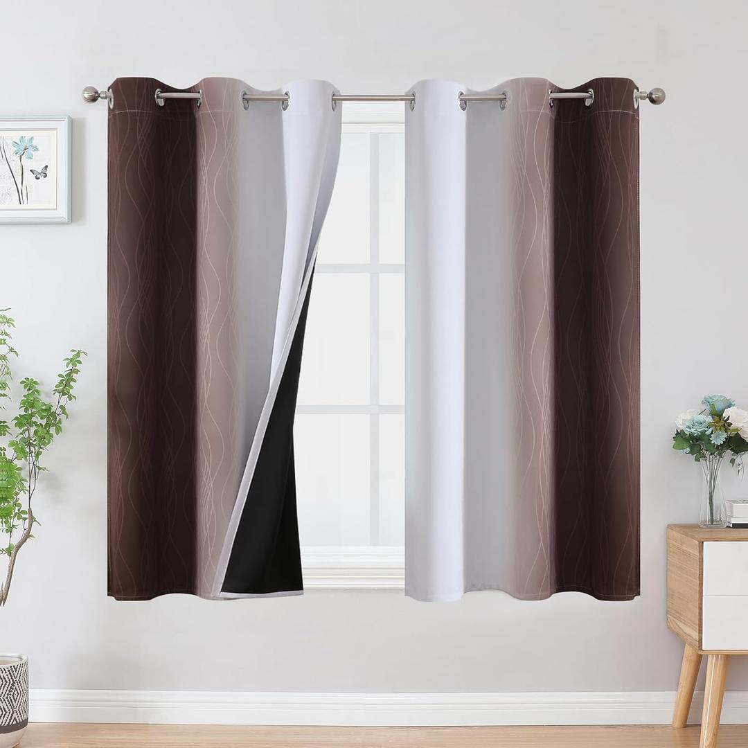 Estelar Textiler Brown and Greyish White Ombre Blackout Curtains 45 Inch Length 2 Panels, Full Room Darkening Gradient Drapes for Kitchen, Thermal Insulated Grommet Short Curtains for Bathroom,42Wx45L