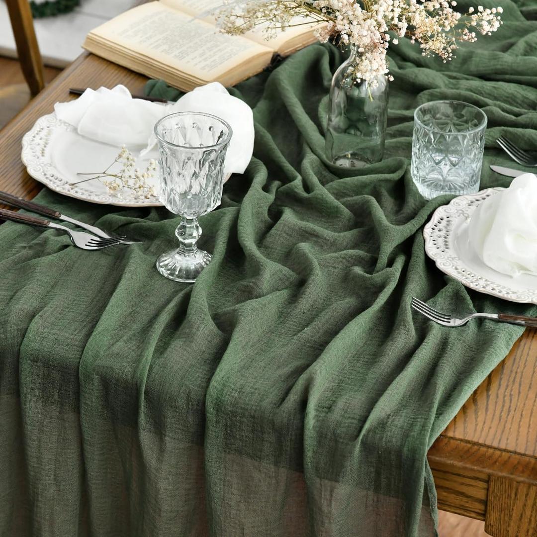 Artoid Mode Boho Cheesecloth Gauze Forest Green Wedding Table Runner, 120 Inch Seasonal Fabric Kitchen Dining Holiday Table Decor for Home Party Indoor