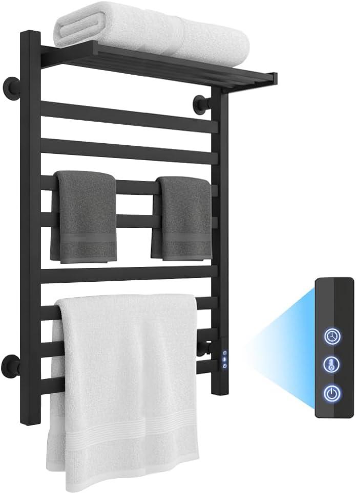 8-Bar Towel Warmer with with Top Warmer Shelf, Electric Towel Rack Set with Fast Heating, Auto Shut-Off Timer, Matte Black Finish, Hardwired or Plug-in, Hot Towels in Bathroom