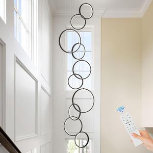 10 Rings Modern LED Chandelier for High Ceiling Dimmable Black Contemporary Pendant Light Fixture Long Foyer Chandelier for Entryway Staircase Dining Room Living Room, 3000-6500K