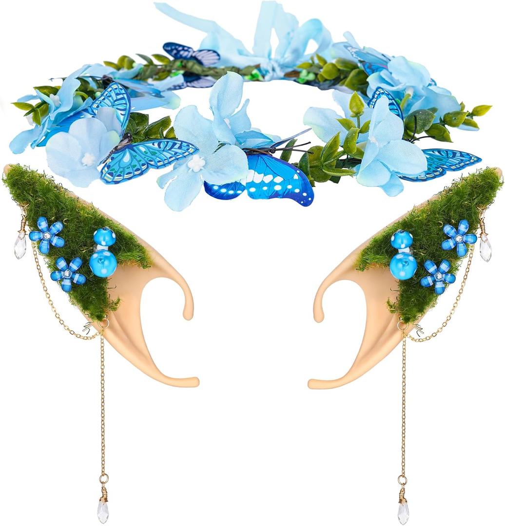 FRESHME Renaissance Mushroom Ears with Crown - Woodland Flower Crown Fairy Butterfly Headpiece Mushroom Ears Set Elf Floral Headband for Women Christmas Renfaire Halloween Mushroom Custome Cosplay
