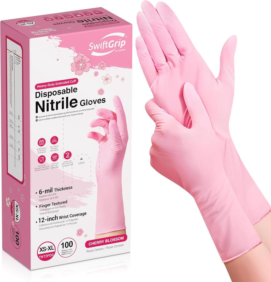 Disposable Nitrile Dishwashing Gloves, Extended 12 Inches Cuff, 6-mil, Cherry Blossom Cleaning Gloves, Latex-Free (Medium)