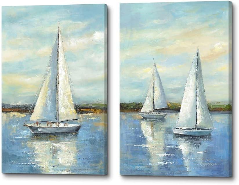 Bedroom Sailboat Canvas Wall Art: 2 Piece Ocean Nautical Painting Coastal landscape Textured Picture Seascape Artwork for living room Bathroom