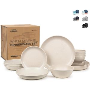 Grow Forward 16-piece Premium Wheat Straw Dinnerware Sets for 4 - Unbreakable Dishwasher & Microwave Safe Plastic Plates and Bowls Sets - Patio, Outdoors, RV, Camping Dishes - Sahara
