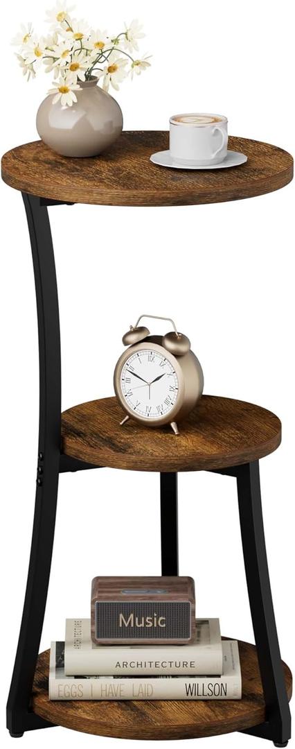 Small Side Table, 3-Tier Round End Table for Small Spaces, Vintage Accent Table for Living Room Sofa Couch Bedroom, 11.8" Corner Nightstand Wood Metal Coffee Table with Storage Shelf, Rustic Brown