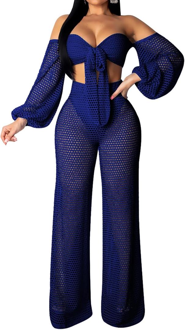 sexycherry Swimsuit Coverup for Women Off Shoulder Top & Mesh Long Pants (Blue, L)