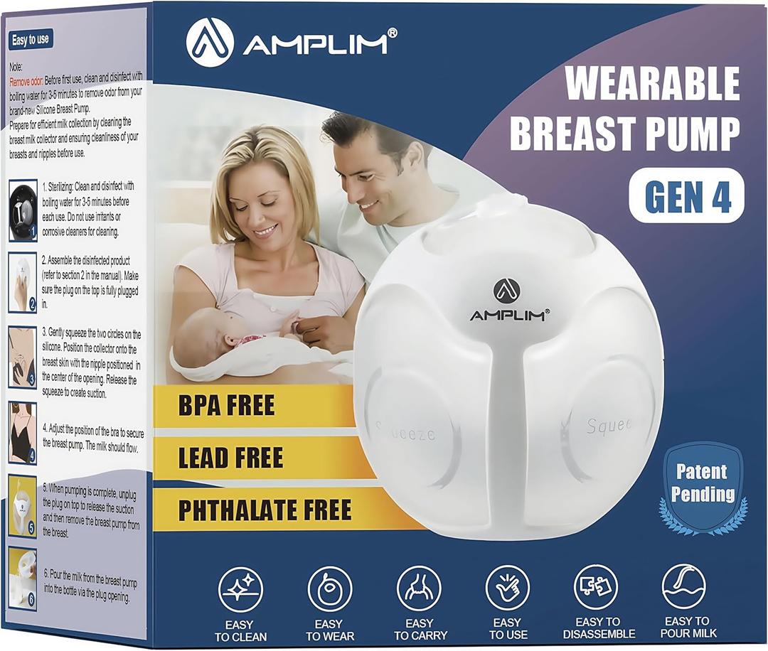 Amplim Manual Wearable in-Bra Breast Pump  Silicone Milk Catcher Shell, Hands-Free Let Down Suction, BPA Free, Leak-Proof, Passive Breastfeeding Milk Collector, 4oz (4OZ-White, 1, Count)