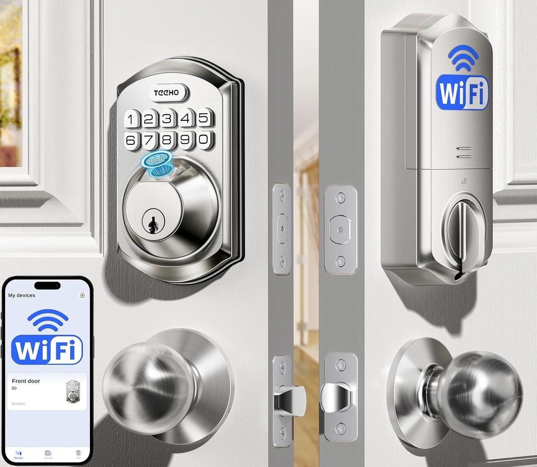 TEEHO TE012W-K WiFi Smart Keyless Entry Door Lock with Handle, Fingerprint Door Knob & Digital Keypad, APP Remote Control, Works with Alexa & Google, Electronic Deadbolt for Front Door, Satin Nickel