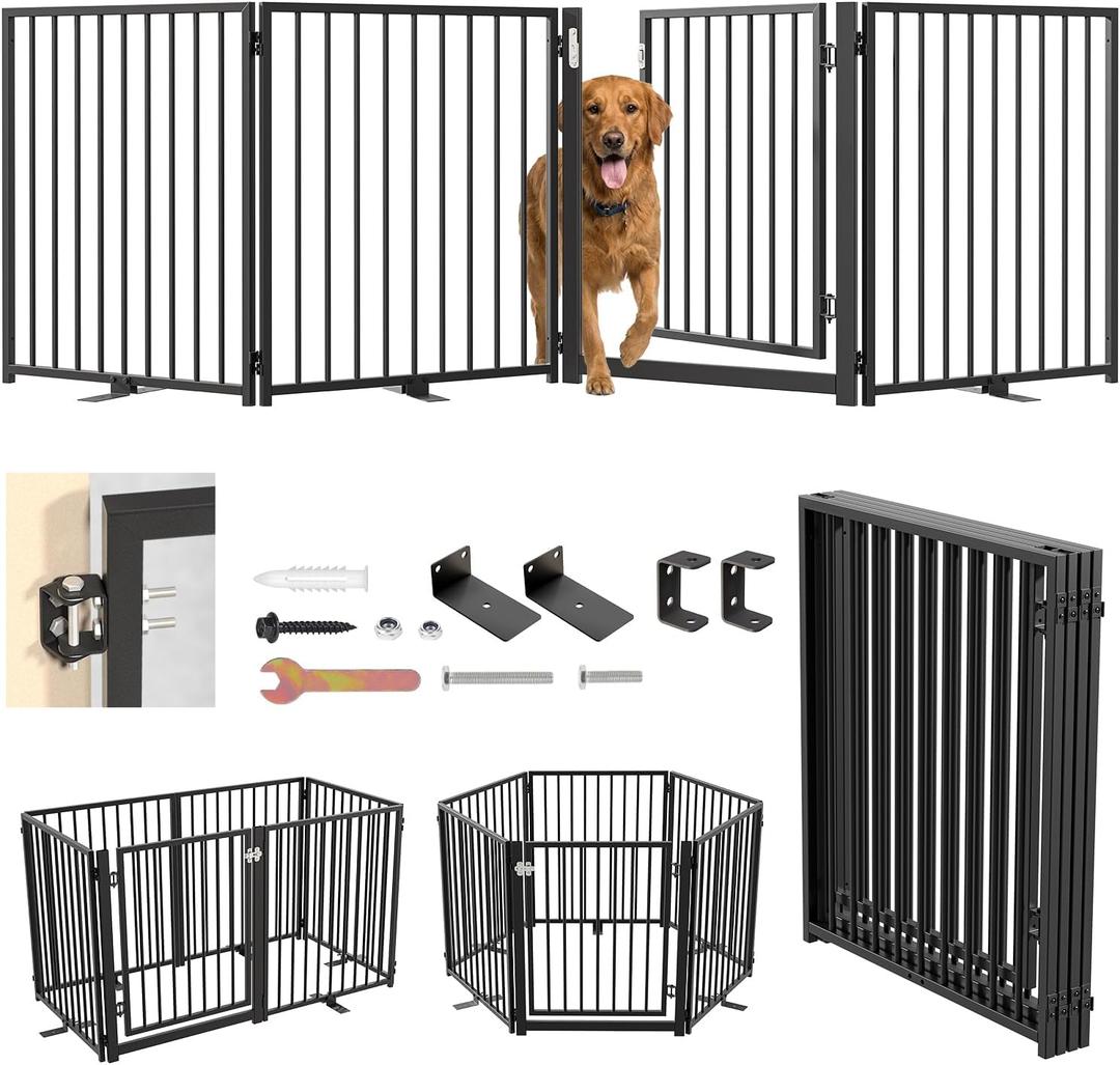4 Panels 31" W x 104" H with Door, Metal Free Standing Dog Gate with Door, 31'' Tall Foldable Dog Fence for Indoor/Outdoor, for Large Openings, Stairs, Hallways, Doorways (Black)