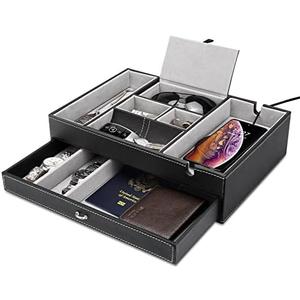 Baoyun Valet Tray for Men, 2 Layers Nightstand Organizers for Men and Women, Leather Jewelry Storage Box, Mens Dresser Top Organizer, Catch All for Jewelry Key Wallet and Phone (Black)