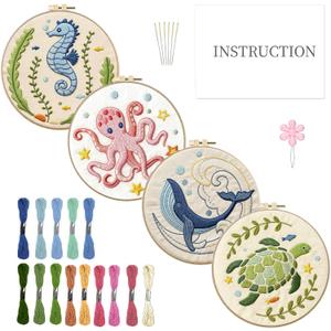 INFUNLY 4 Sets Embroidery Kit for Beginners with Sea Animals Pattern DIY Embroidery Kit for Adults Ocean Embroidery Art Kit Turtles/Seahorses/Octopuses/Whales Cross Stitch Kit with Embroidery Hoops