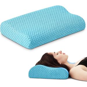 Neck Pillow for Sleeping, Travel Pillow, Camping Pillow, Ergonomic Memory Foam Compressible Medium Firm, Ideal for Home, Bedroom, Office and Camping (Light Blue, M) (M-17.7x12x4/3 In)